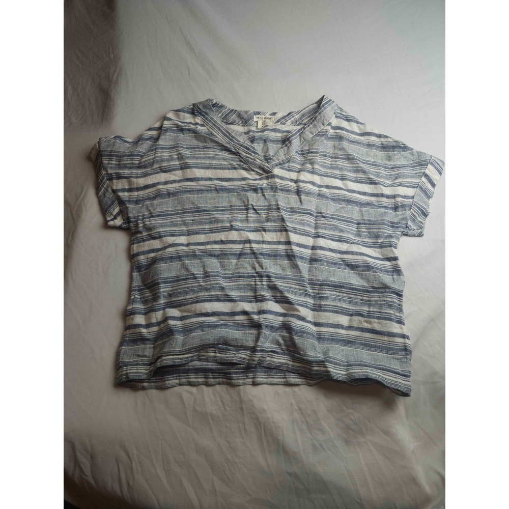 Artisan Top Womens S Blue Striped Boho Chic Coastal Grandma Summer Resortwear